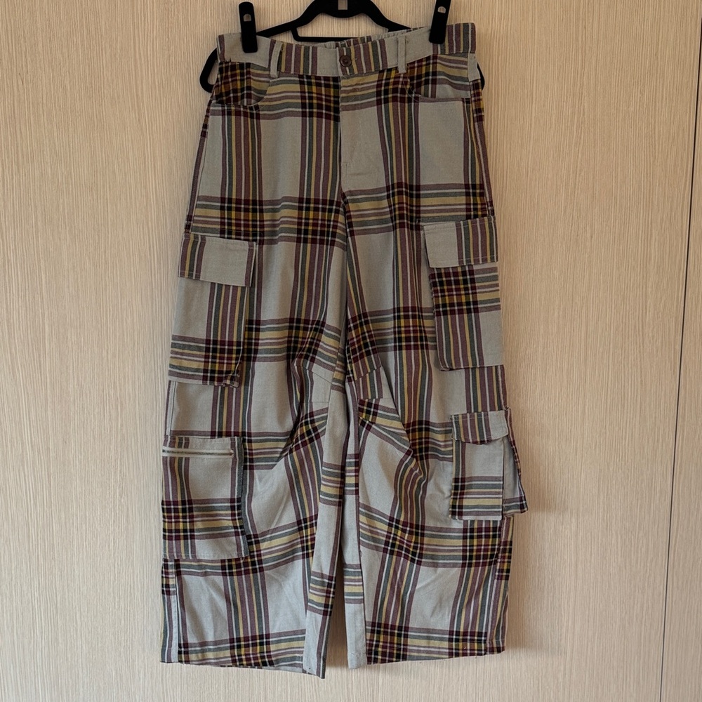 Urban Outfitters Alexandra Wide Plaid Cargo Pants - Red, Yellow, Black, Khaki